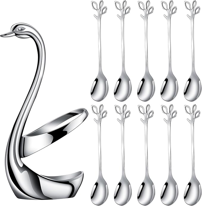 AnSaw Silver Small Coffee Spoon Holder Set,Swan Base With 10 Pcs Demitasse Espresso Spoons Set,4.7" Mini Leaf Dessert Spoon,Stainless Steel Tea Spoons by AnSaw