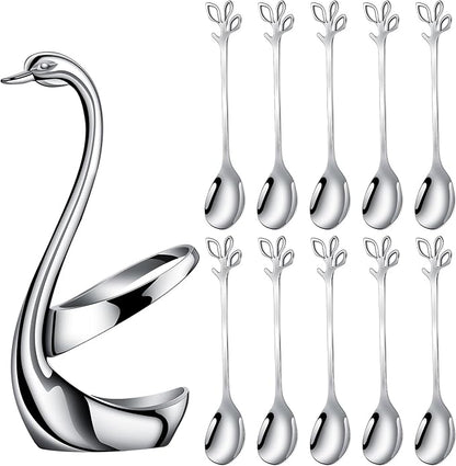 AnSaw Silver Small Coffee Spoon Holder Set,Swan Base With 10 Pcs Demitasse Espresso Spoons Set,4.7" Mini Leaf Dessert Spoon,Stainless Steel Tea Spoons by AnSaw