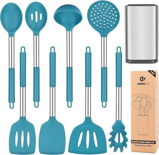 Silicone Cooking Utensil Set, 8Pcs Non-stick Cookware with Stainless Steel Handle, BPA Free Heat Resistant Kitchen Tools with Spatulas, Turners, Spoons, Skimmer and Pasta Fork by BUNDLEPRO