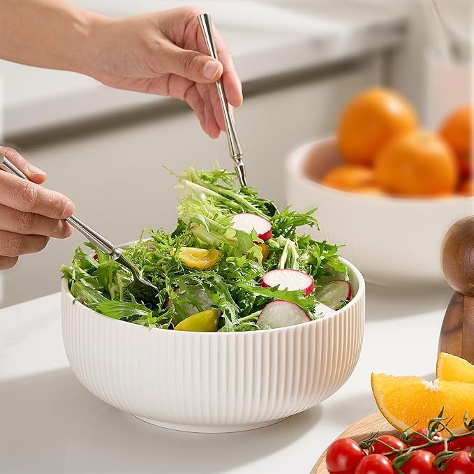 Mfacoy 2 Pack Salad Bowl, 8 inch 60 oz Large Serving Bowl Set, Deep Bowl for Kitchen, White Ceramic Bowl Set for Soup, Cereal, Ramen, Pasta, Salad, Dishwasher & Microwave Safe, Easy Clean - Image 7