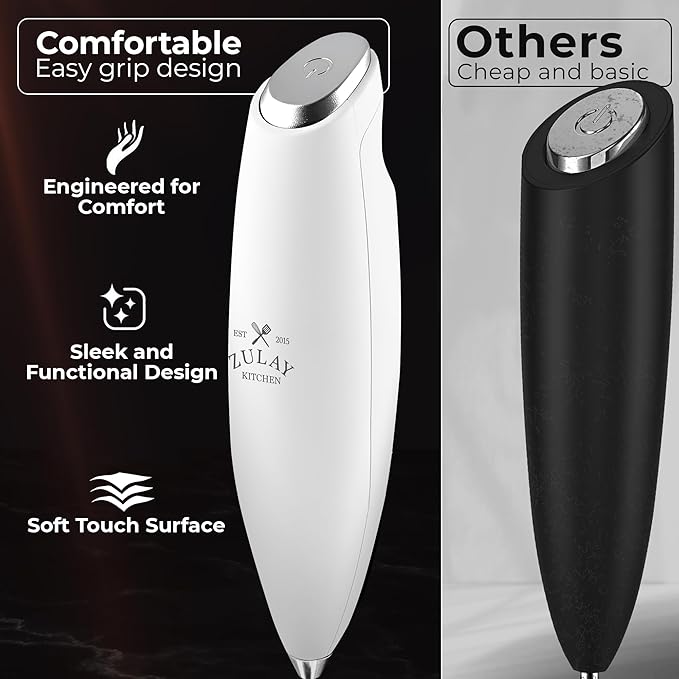 Zulay Kitchen Patented Tornado Triple Whisk Milk Frother with 4 Duracell Batteries – Handheld Foam Maker for Coffee, Lattes, Matcha & Hot Chocolate – Rich, Creamy Froth in Seconds - Blizzard White - Image 4