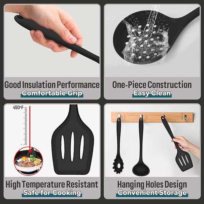 Silicone Kitchen Utensils Set, E-far 23 Pcs Black Cooking Utensils Tools with Holder for Nonstick Cookware, Include Spatula/Spoon/Ladle/Tongs/Turner, Heat Resistant & Nontoxic, Dishwasher Safe - Image 2