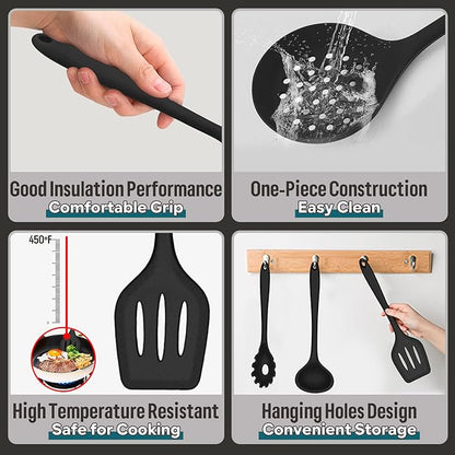 Silicone Kitchen Utensils Set, E-far 23 Pcs Black Cooking Utensils Tools with Holder for Nonstick Cookware, Include Spatula/Spoon/Ladle/Tongs/Turner, Heat Resistant & Nontoxic, Dishwasher Safe - Image 2