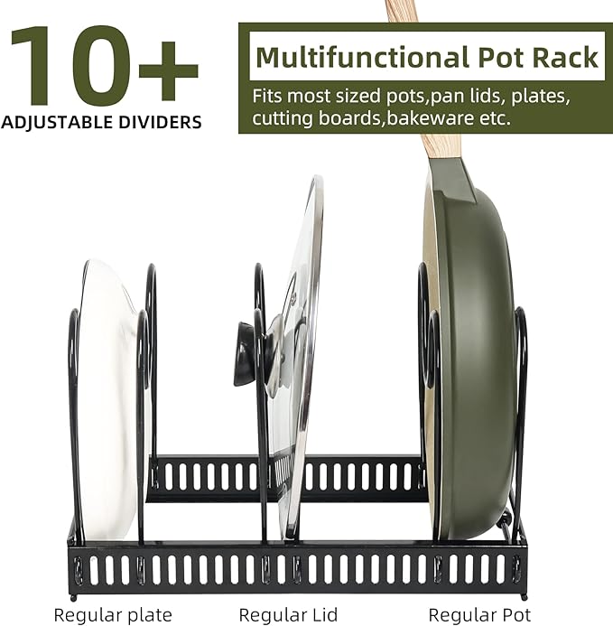 ROOHUA Pot Rack -Expandable Pan Organizer for Cabinet, Lid Holder with 10 Adjustable Compartment for Kitchen Cabinet Cookware Baking Frying Rack - Image 3