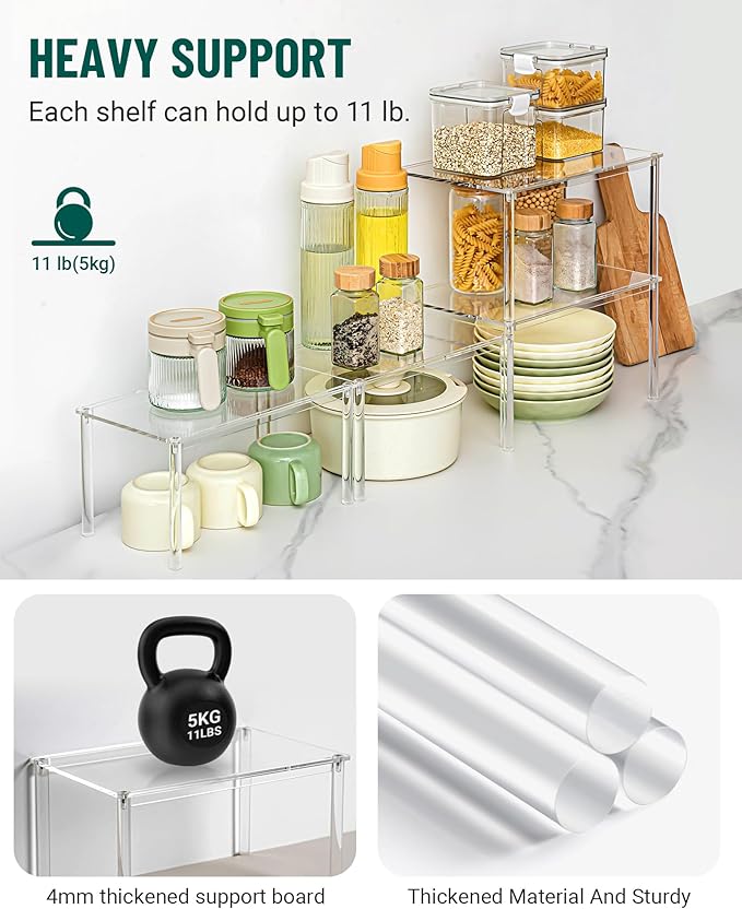 Bobomoment Acrylic Cabinet Organizer, Set of 2 Shelf Organizer, Spice Rack Organizer for Cabinet, Desk Countertop Organizer, Stackable Shelves for Pantry Kitchen Storage and Organization - Image 3