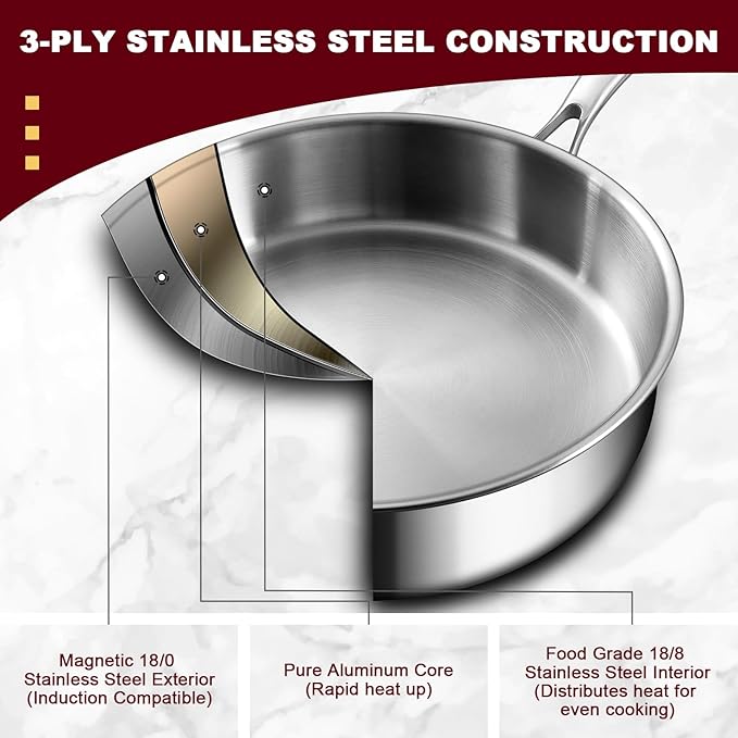 EWFEN 12 Inch Tri-Ply Stainless Steel Frying Pan, Compatible with All Cooktops Up to 600℉, Large Frying Pan Induction-Ready Skillet, Dishwasher and Oven Safe, Even Heat - Image 4