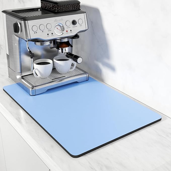 Rnivvi Coffee Mat, 16" x 24" Coffee Bar Mats for Espresso Machine Station Accessories and Organizer, Hide Stain Rubber Backed Absorbent Dish Drying Pad for Kitchen Counter, Cute Bar Decor Pad, Blue by Rnivvi