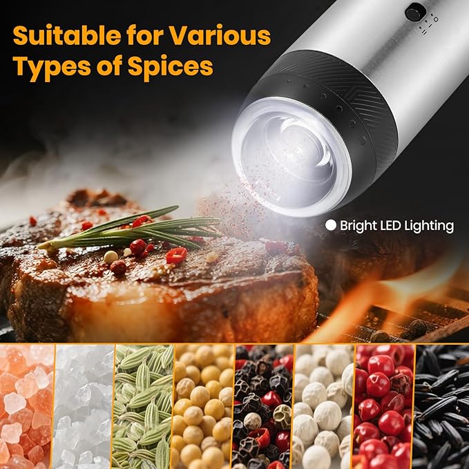 Rechargeable Gravity Electric Salt Grinder Set with Variable Grinding Speed, External Adjustable Coarseness,Charging Base and White LED Light,Stainless Steel - Image 7