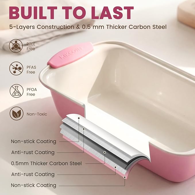 Kikcoin 22 PCS Nonstick Baking Pans Set, Stackable Bakeware Sets with Silicone Handles, 450°F Oven Safe Baking Sheet Set, Easy Release Cookie Sheets for Baking, Pink - Image 3