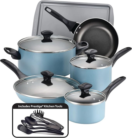 Farberware Dishwasher Safe Nonstick 15-Piece Cookware Set, Aqua by Farberware