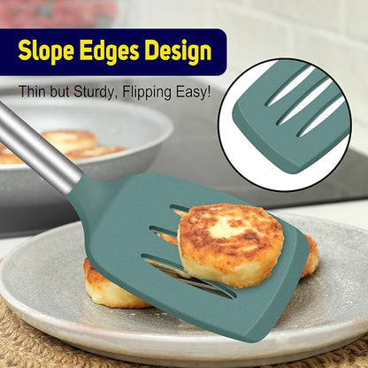 HOTEC Silicone Spatula Set of 2 Heat-Resistant 600F & BPA-Free Kitchen Spatula Turner with Stainless Steel Handles, Slotted & Solid Spatulas for Nonstick Cookware, 13.7 Inch, Sage Green