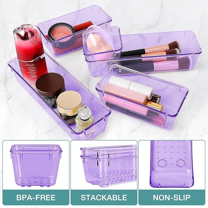 StorMiracle 25 PCS Drawer Organizer Set, 4 Varied Size Bathroom and kitchen Drawer cabinet organizer Trays, Clear Storage Bins for Makeup, Jewelry, Utensils and Gadgets， Purple - Image 3