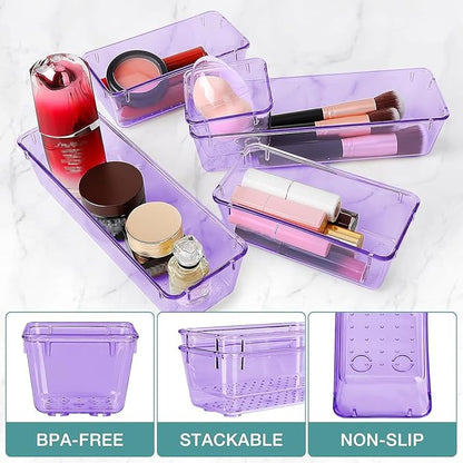 StorMiracle 25 PCS Drawer Organizer Set, 4 Varied Size Bathroom and kitchen Drawer cabinet organizer Trays, Clear Storage Bins for Makeup, Jewelry, Utensils and Gadgets， Purple - Image 3