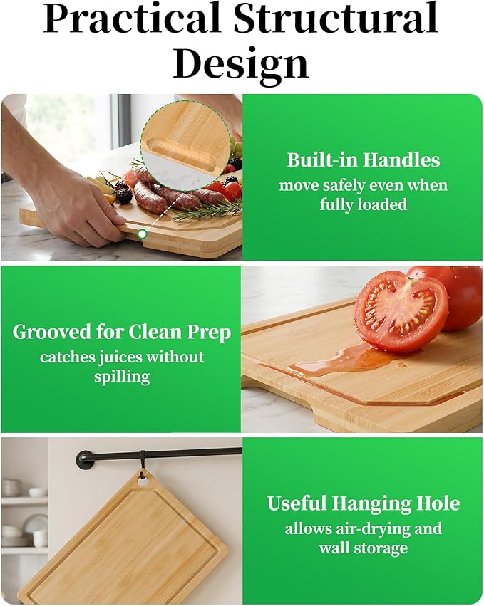 Kitchen Cutting Board Set - 3-Piece Wooden Cutting Boards for Kitchen with Juice Groove, Handles, Hang Holes, Stylish Kitchen Essentials for Chpping & Serving, Natural, 0.4"Th - (L+M+S) - Image 9