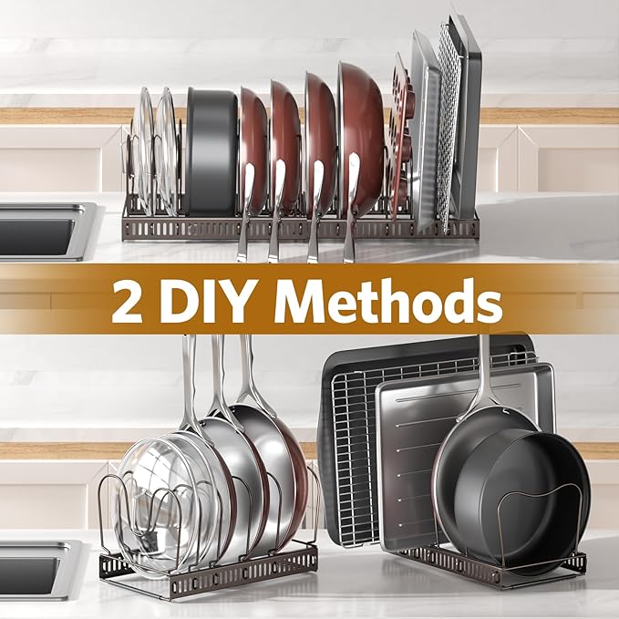 ORDORA Pots and Pans Organizer under Cabinet with Pan Holder: Expandable 11.8"-22.8" Kitchen Cabinet Organizer Rack, 12 Adjustable Dividers Storage for Cookie Sheets, Cutting Boards & Lid, Silver - Image 4