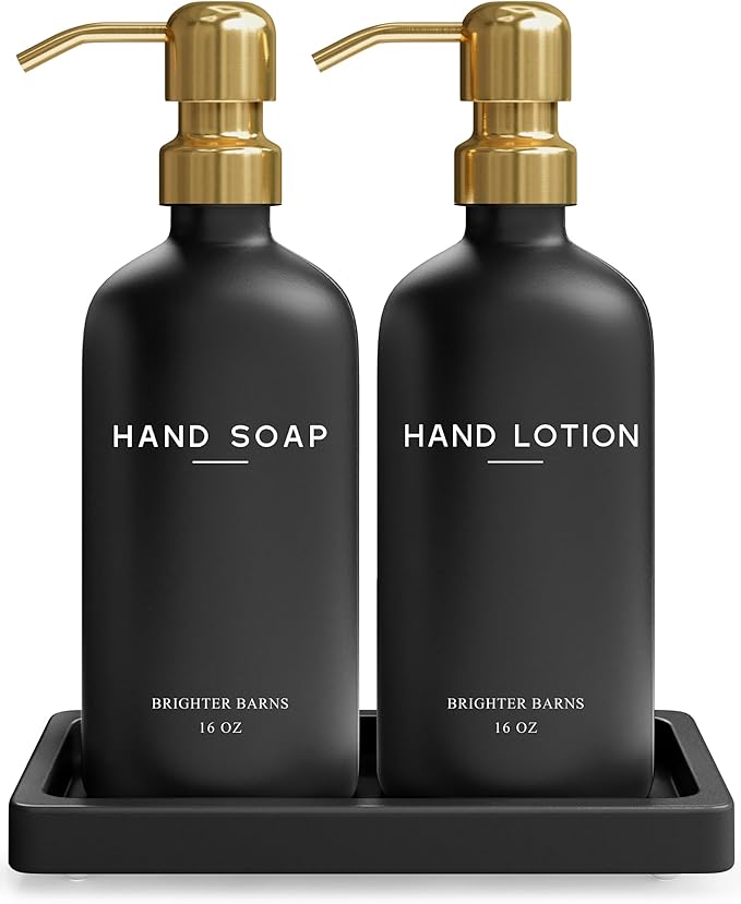 Luxury Glass Soap and Lotion Dispenser Set with Tray by Brighter Barns - Black and Gold Soap Dispenser Bathroom Set - Modern Bathroom Decor for Airbnb, Guest House, Vacation Rental, Gift (Black/Gold) by BrighterBarns