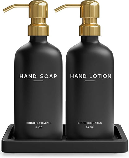 Luxury Glass Soap and Lotion Dispenser Set with Tray by Brighter Barns - Black and Gold Soap Dispenser Bathroom Set - Modern Bathroom Decor for Airbnb, Guest House, Vacation Rental, Gift (Black/Gold) by BrighterBarns