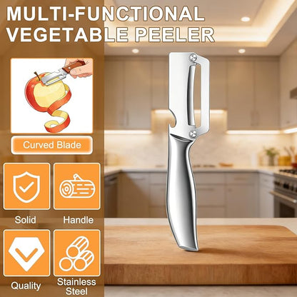 2Pc Multi-Functional Vegetable Peeler for Kitchen,2026 New Stainless Steel Peeler with Wooden Handle and Bottle Opener,2 in 1 Stainless Steel Kitchen Tool for Fruit Apple Potato Pumpkin Slicer(Sliver) - Image 2