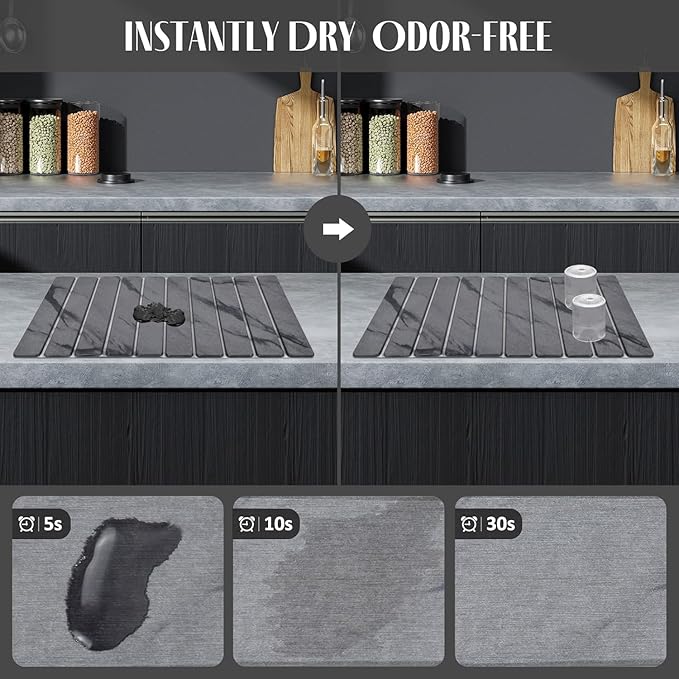 2 PCS Large Stone Dish Drying Mat for Kitchen Counter, 24"×16" Grey Marble Dish Drying Mat with 8"x 4" Coasters, Non - Slip Collapsible Absorbent Stone Dish Drying Mat for Multi - Purpose - Image 2