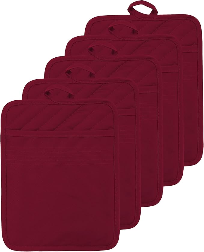 Oven Pot Holder with Pocket Cotton Heat Resistant Coaster Potholder Kitchen Hot Pad Oven Mitts for Cooking Square 7"x9"Set of 5 (Burgundy red, 5) by VEIKERY