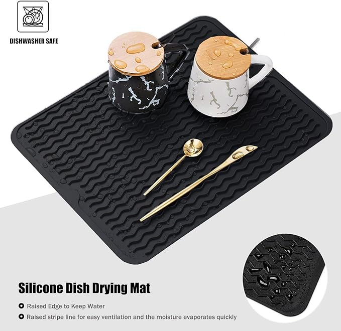 Silicone Dish Drying Mat, Non-Slip Easy Clean Sink Mat Large Heat-resistant Dish Drainer Mat for Kitchen Counter, Sink, Refrigerator or Drawer liner (16" x 12", BLACK) - Image 3