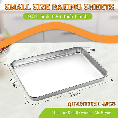 4 Pieces Baking Sheet Pan Tray, CEKEE Stainless Steel Small Cookie Sheets for Baking, Baking Sheets for Oven, Warp Resistant & Heavy Duty & Rust Free Baking Pans Set - Size 9.3 x 6.9 x 0.98 Inch - Image 7