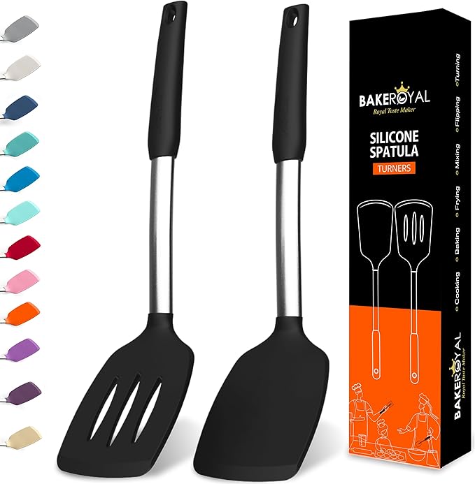 BakeRoyal Silicone Spatula Set - Turner Spatulas Silicone Heat Resistant 600°F - Slotted & Solid Spatula for Cooking Fish, Eggs, Pancakes Flipper – Spatulas for kitchen use – Black by BAKEROYAL