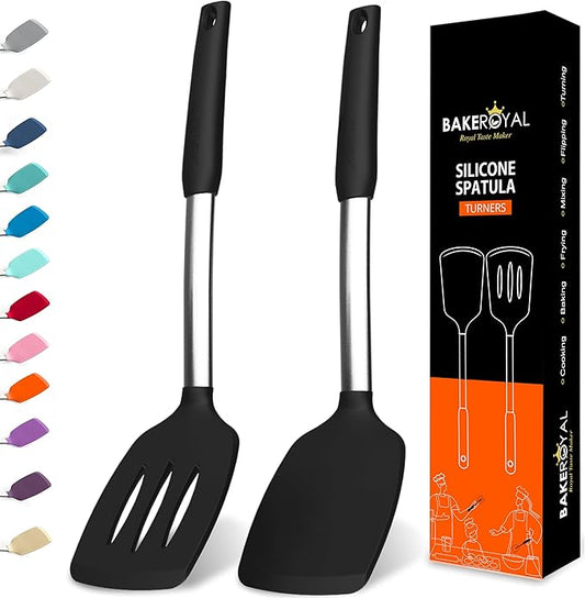 BakeRoyal Silicone Spatula Set - Turner Spatulas Silicone Heat Resistant 600°F - Slotted & Solid Spatula for Cooking Fish, Eggs, Pancakes Flipper – Spatulas for kitchen use – Black by BAKEROYAL