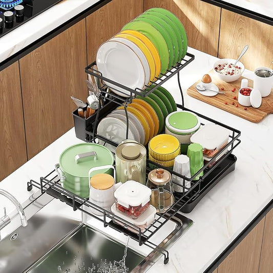 Over The Sink Large 2 Tier Dish Drying Rack Expandable,Dish Drainers for Kitchen Counter,Rustproof Utensils