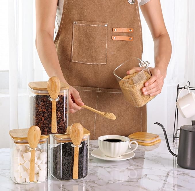 ComSaf 0.8 Qt Glass Jars with Bamboo Lids & Spoons Set of 4, Square Glass Containers with Lids, Sugar Coffee Containers Salt Spice Jars, Pantry Storage Container for Loose Tea, Candy, Brown Sugar, Nut - Image 4