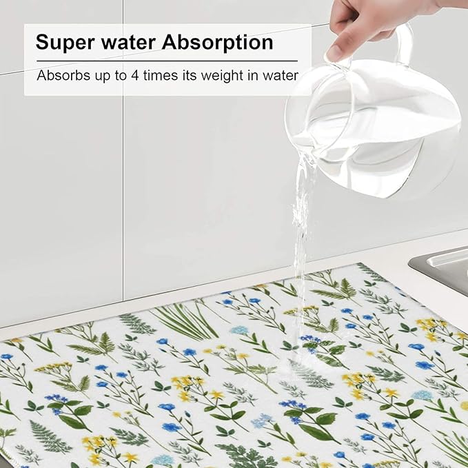 Blue Yellow Wildflower Dish Drying Mats for Kitchen Counter, Vintage Botanic Fern Leaves Floral Kitchen Drainer Pad, Absorbent Microfiber Reusable Washable Dish Draining Mats, Home Decor, 16 x 18 inch