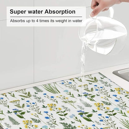 Blue Yellow Wildflower Dish Drying Mats for Kitchen Counter, Vintage Botanic Fern Leaves Floral Kitchen Drainer Pad, Absorbent Microfiber Reusable Washable Dish Draining Mats, Home Decor, 16 x 18 inch