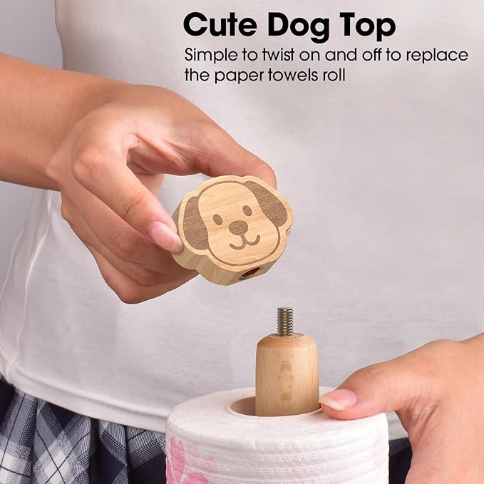 KitchLife Cute Wooden Paper Towel Holder Countertop - Solid Freestanding Paper Towel Dispenser Stand Organizer with Anti-Skid Base (Dog) - Image 4