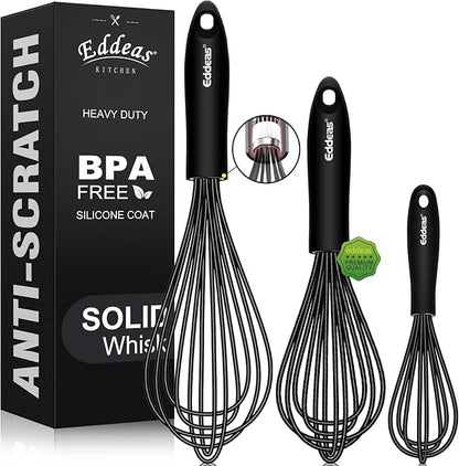 Whisks For Cooking - 500 °F Heat Resistant Silicone Whisk, Heavy Duty 7",9"&11inch Non-Scratch Balloon Kitchen Wisk tool Set, for cooking Wisking, Blending, Beating, Stirring, 3 Piece Black by Eddeas