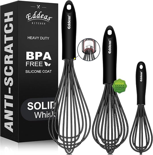 Whisks For Cooking - 500 °F Heat Resistant Silicone Whisk, Heavy Duty 7",9"&11inch Non-Scratch Balloon Kitchen Wisk tool Set, for cooking Wisking, Blending, Beating, Stirring, 3 Piece Black by Eddeas