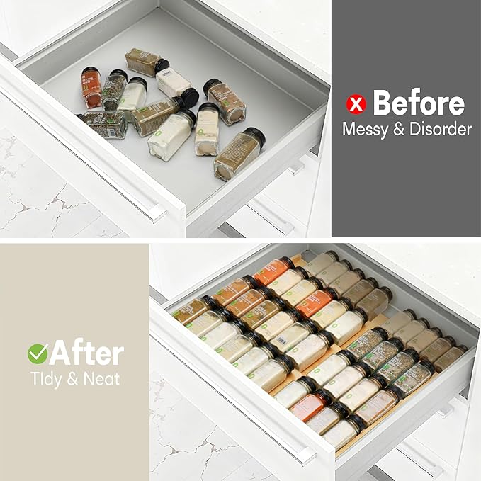 Bamboo Spice Drawer Organizer, (Need 3.1” Deep Drawer) Expandable 4 Tier Spice Rack for Cabinet (From 12" to 23" Wide), Seasoning Storage Insert, Spice Organizer for Drawer,Jars Not Included - Image 6