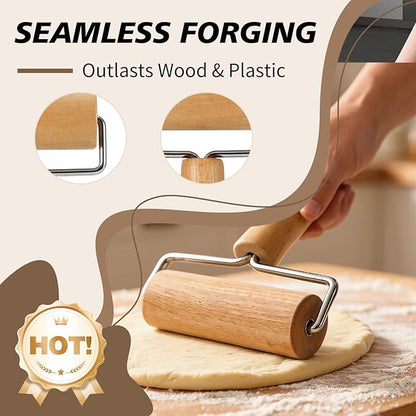 Pizza Rolling Pin Small Rolling Pin Wooden Dough Roller Non Stick Pizza Dough Roller for Baking Pastry Tortilla Cookie Dumpling Rolling Pins for Baking (T+H-Style)
