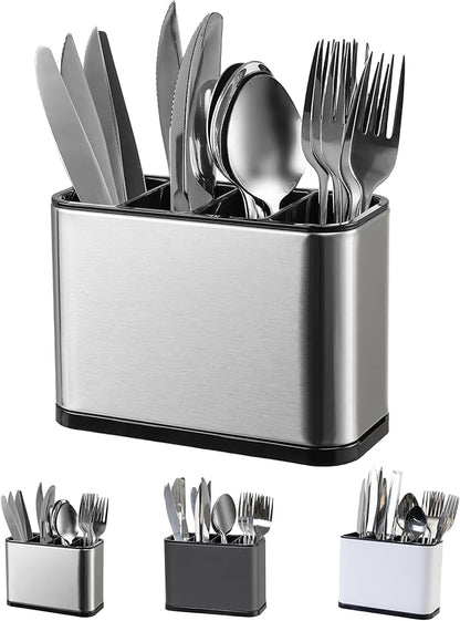 LIBODOUR Utensil Holder,Stainless Steel Caddy Counter,Spoon holder,4 Compartments Silverware Caddy,Capacity Flatware Spoon Fork Tool Cutlery Holder（Silvery） by ModernandFarmhouseUtensilHolder