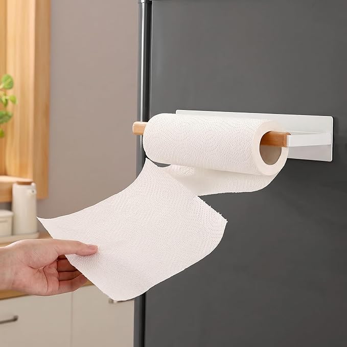 KES Magnetic Paper Towel Holder, White Paper Towel Holder for Refrigerator, Wood & Metal Paper Towel Roll Holder, KPH502MA-WH