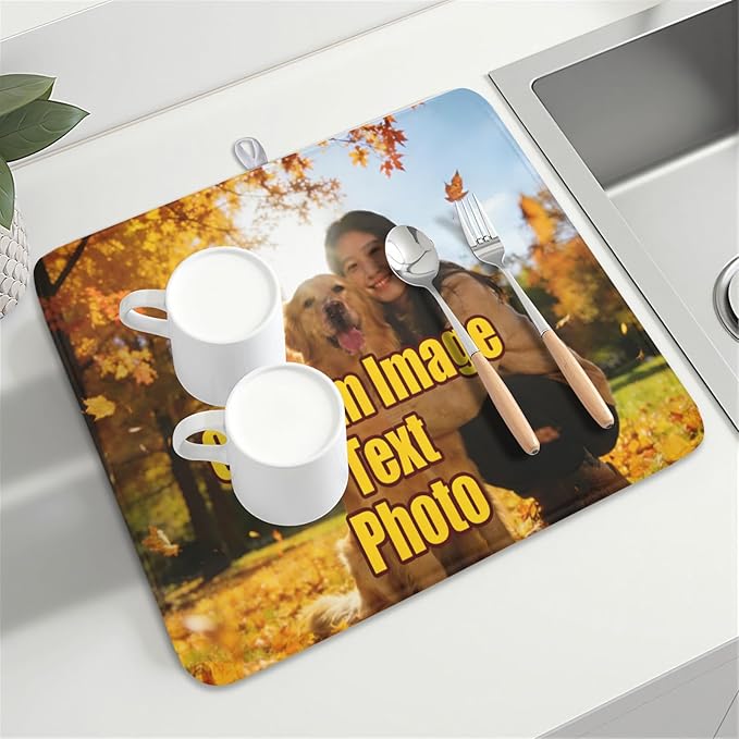 Personalized Dish Drying Mat for Kitchen Counter,Customized Drying Mats with Photo Text Image 16 x 18 Inch with High Absorbent Microfiber Drainer Mat for Coffee Bar - Image 8