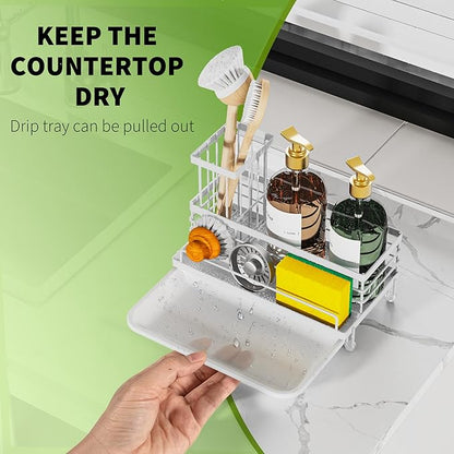 Cisily Stainless Steel Kitchen Sink Caddy Organizer, Sponge Holder for Sink Rustproof, Non-Slip Soap Dish Dispenser Brush Holder Storage, Home & Kitchen Essentials Accessories (White) - Image 3