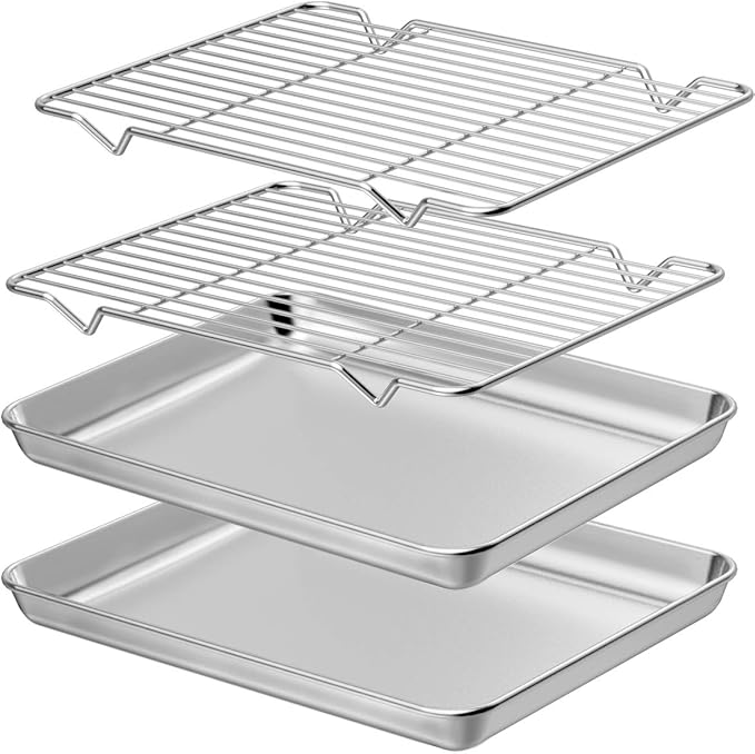 Wildone Baking Sheet with Rack Set [2 Sheets + 2 Racks], Stainless Steel Cookie Pan baking Tray with Cooling Rack, Size 10 x 8 x 1 Inch, Non Toxic & Heavy Duty & Easy Clean by Wildone