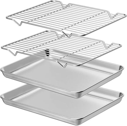 Wildone Baking Sheet with Rack Set [2 Sheets + 2 Racks], Stainless Steel Cookie Pan baking Tray with Cooling Rack, Size 10 x 8 x 1 Inch, Non Toxic & Heavy Duty & Easy Clean by Wildone