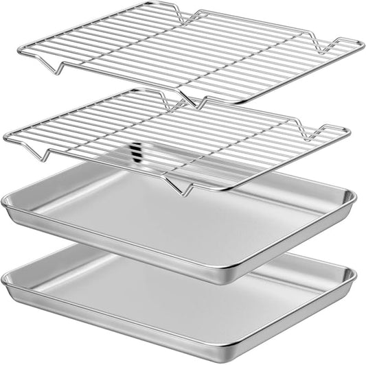 Wildone Baking Sheet with Rack Set [2 Sheets + 2 Racks], Stainless Steel Cookie Pan baking Tray with Cooling Rack, Size 10 x 8 x 1 Inch, Non Toxic & Heavy Duty & Easy Clean by Wildone