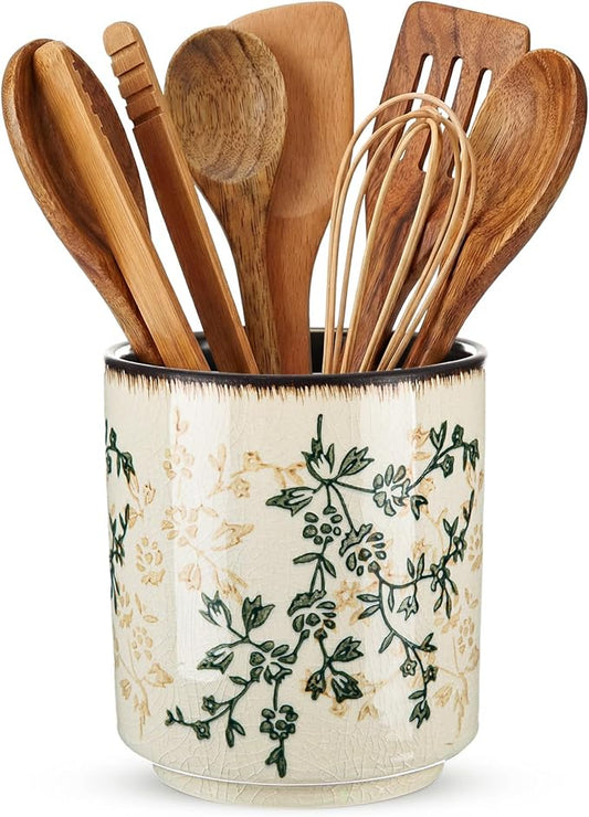Kitchen Ceramic Utensil Holder Rustic 5.5" Green Floral Utensil Crock for Countertop Tuscany Cooking Tools Storage Caddy for Spatula Spoon Farmhouse Decor Housewarming Gift by Unknown