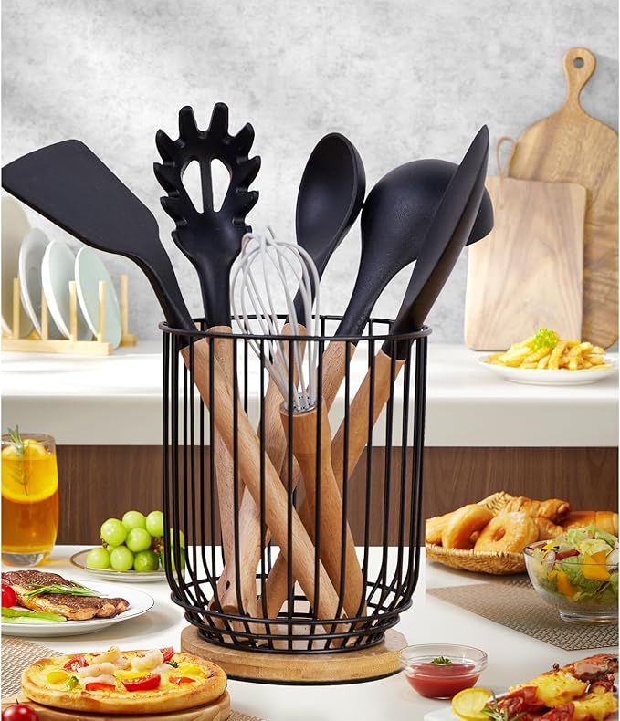WDT Tool Utensil holder for Kitchen Counter，Large Utensils Holder For Farmhouse Cooking, Utensil Caddy Spatula Holder (Metal+Bamboo-1) - Image 2