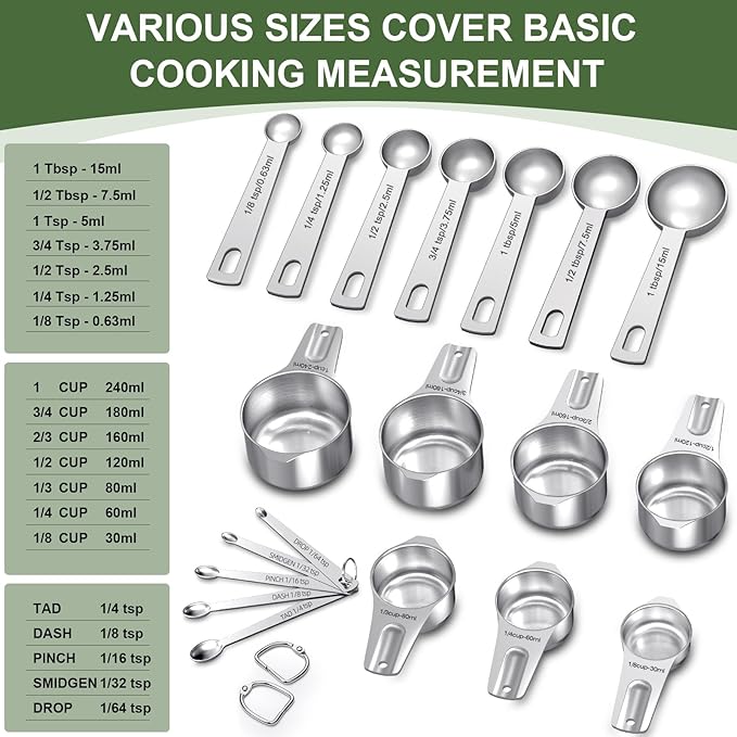 EWFEN Measuring Cups and Spoons Set, 7 Stainless Steel Nesting Measuring Cups & 7 Spoons, 5 Mini Measuring Spoons & 2 Detachable Rings, Kitchen Gadgets for Cooking & Baking, Round - Image 2
