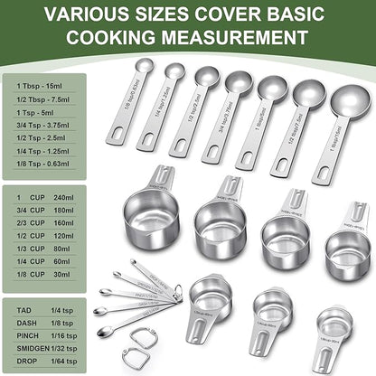 EWFEN Measuring Cups and Spoons Set, 7 Stainless Steel Nesting Measuring Cups & 7 Spoons, 5 Mini Measuring Spoons & 2 Detachable Rings, Kitchen Gadgets for Cooking & Baking, Round - Image 2