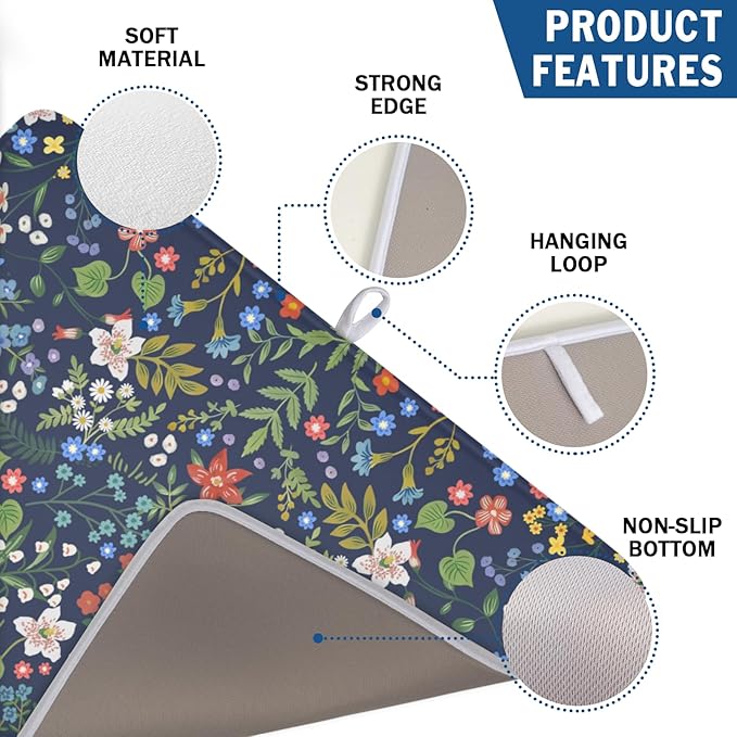Flower Floral Dish Drying Mat 18x24 inch Microfiber Navy Blue Drying Mats with Hanging Loop Absorbent Green Leaves Dish Drainer Mat Reversible Flowers Drying Pad for Kitchen Counter Sink - Image 3