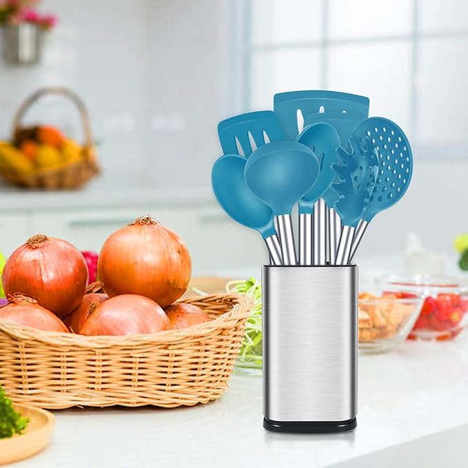 Silicone Cooking Utensil Set, 8Pcs Non-stick Cookware with Stainless Steel Handle, BPA Free Heat Resistant Kitchen Tools with Spatulas, Turners, Spoons, Skimmer and Pasta Fork - Image 7